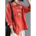 Loose Orange Embroideried Floral Linen Top Half Sleeve