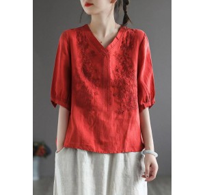 Vintage Red V Neck Embroideried Top Half Sleeve