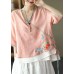 Pink V Neck Embroideried Summer Ramie Half Sleeve Tops