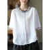 Natural Black O-Neck Embroideried Summer Ramie Blouses Half Sleeve